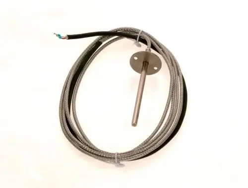 Rundstahlfühler mit Anschlusskabel, typischerweise für Temperaturmessungen, mit einer Metallbasis zur Montage. Produkte von Bosch sind bekannt für ihre Anwendungen in Heizsystemen.